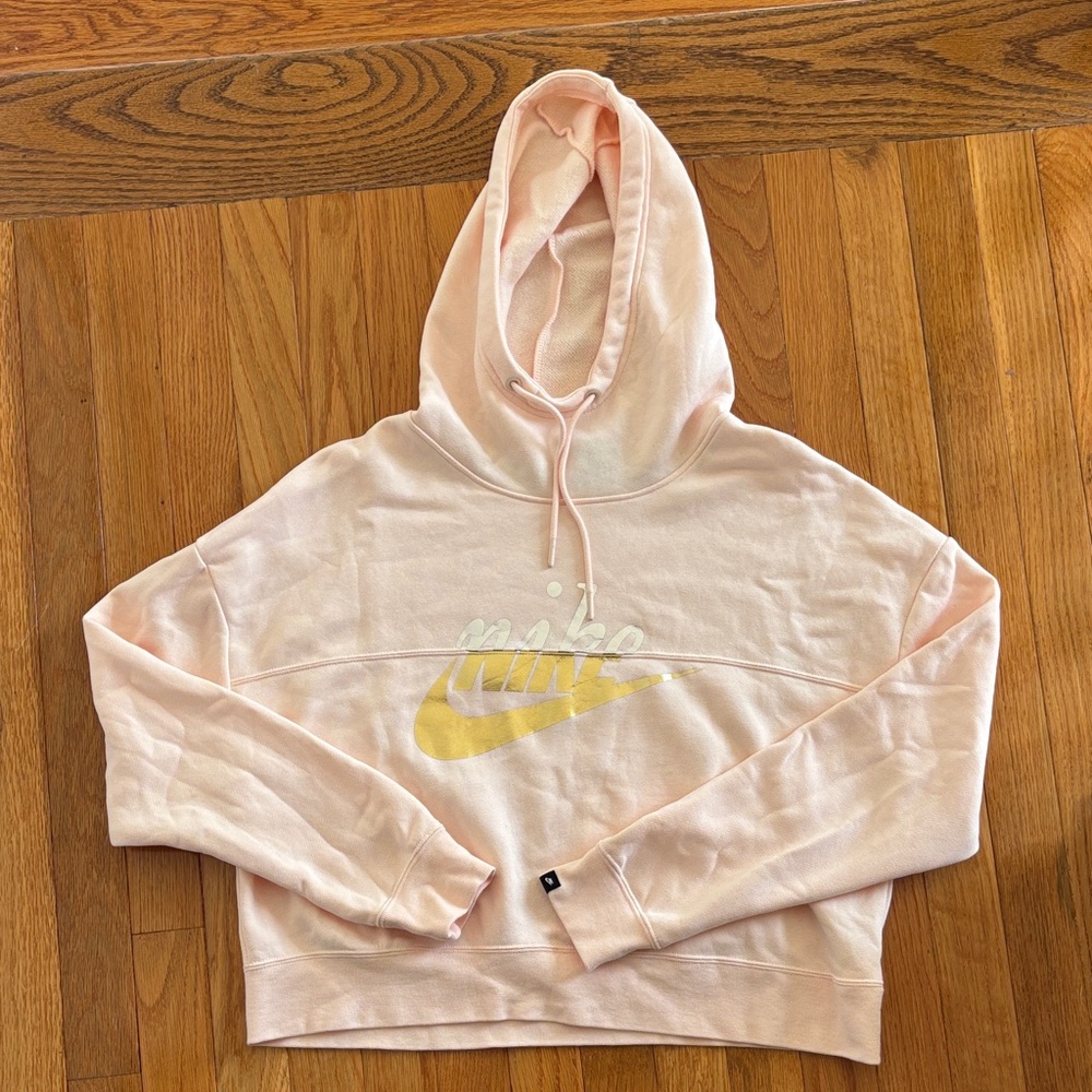 Nike Women's Light Pink Hoodie with Gold Logo